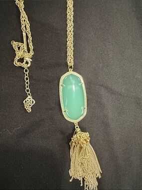 Gold Tassel Pendant Necklace with Green Stone
